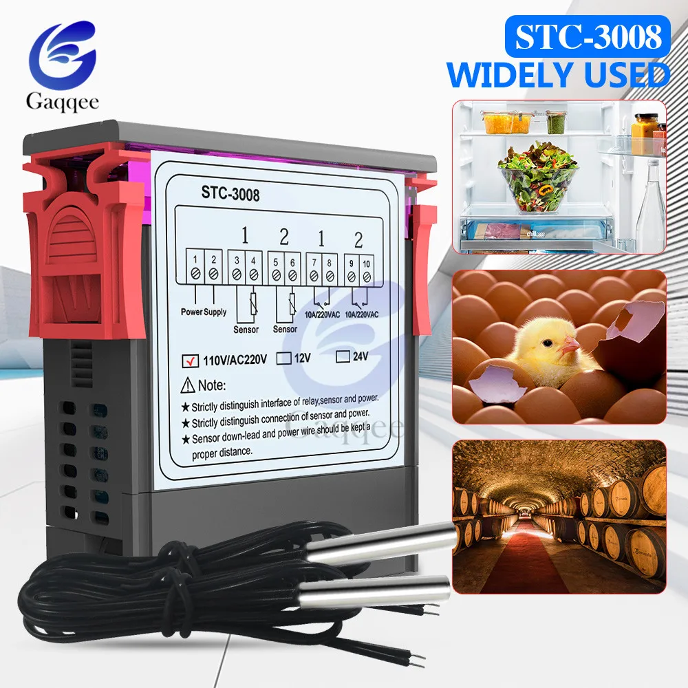 STC-3008 Dual Digital Temperature Controller Two Relay Output Thermostat with Sensor DC12V 24V AC110-220V Home Fridge Cool Heat