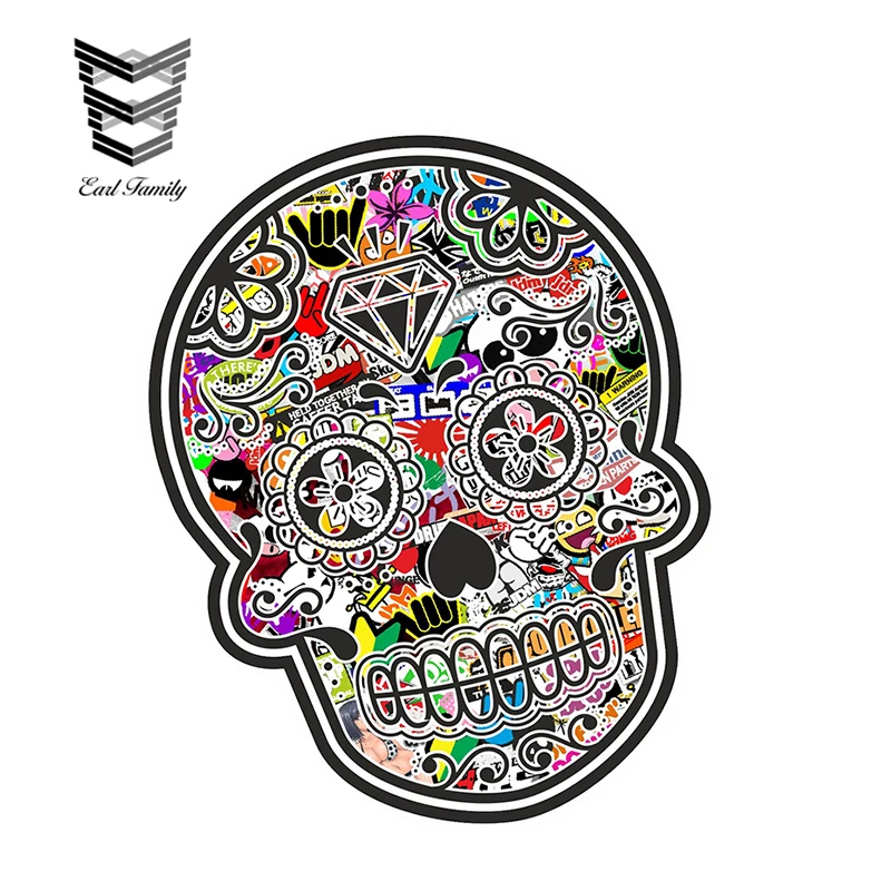 EARLFAMILY 13cm X 10.7cm Mexican Day of The Dead Sugar Skull with JDM Style Multi Colour Stickerbomb Motif External Car Stickers