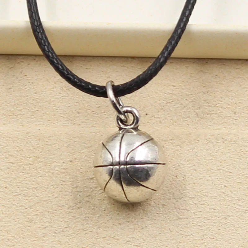 New Fashion Tibetan Silver Color Pendant Basketball Necklace Choker Charm Black Leather Cord Factory Price Handmade Jewelry