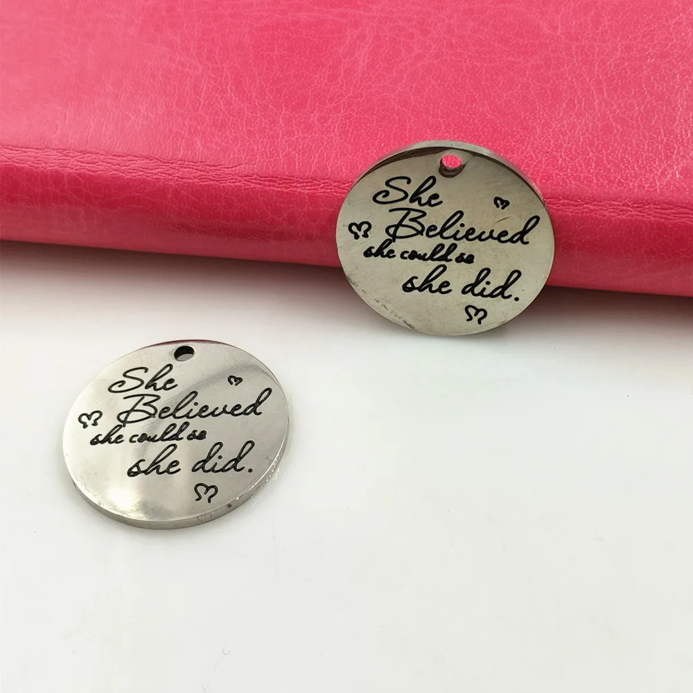 20pcs  22mm DIY charm lettering She Believed She could so she did stainless steel pendant Europe and the United States hot sell