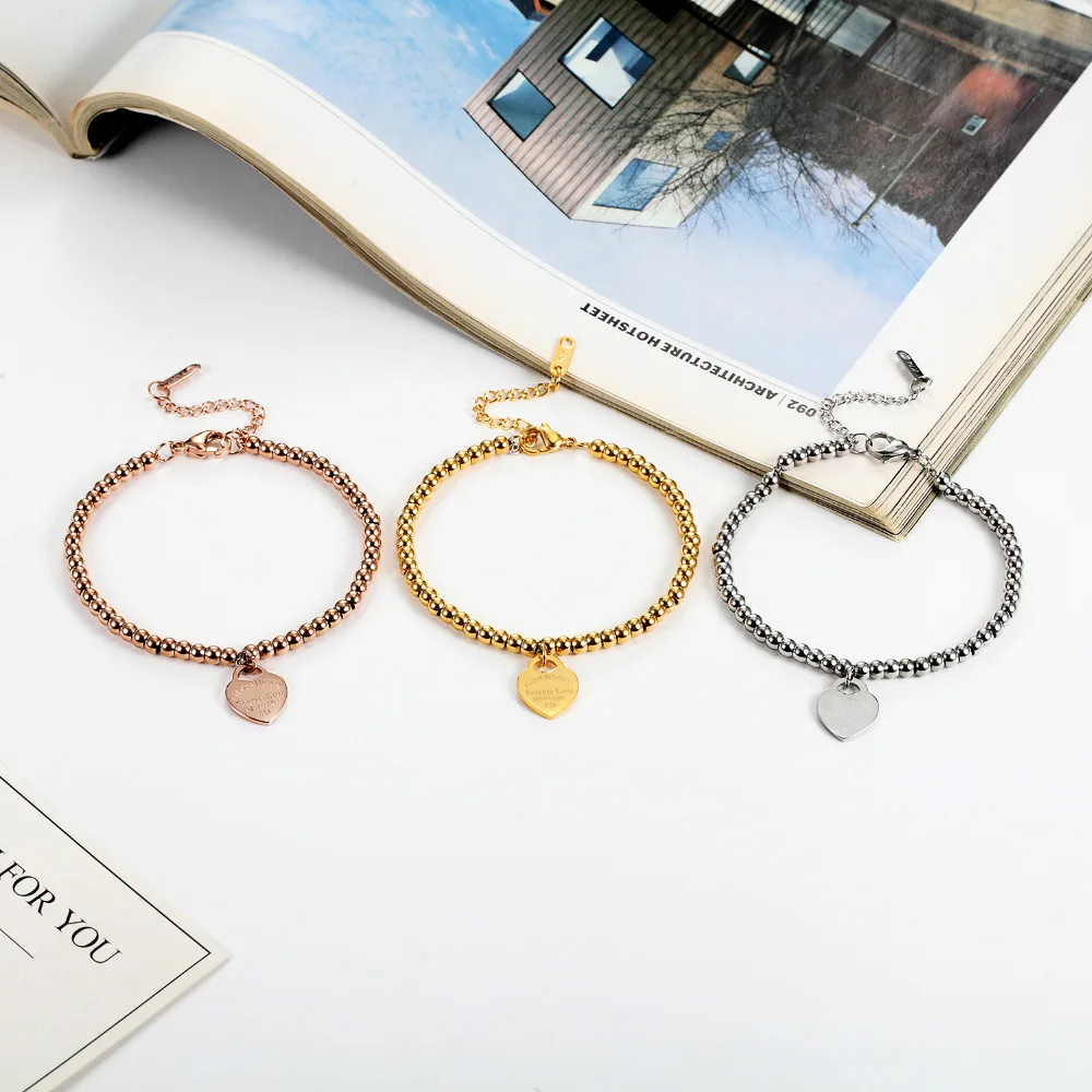 New Fashion Women Party Jewelry Lover Heart Pendant Rose Gold Color Stainless Steel Bracelet Bead Chain Woman Bracelets Bangles