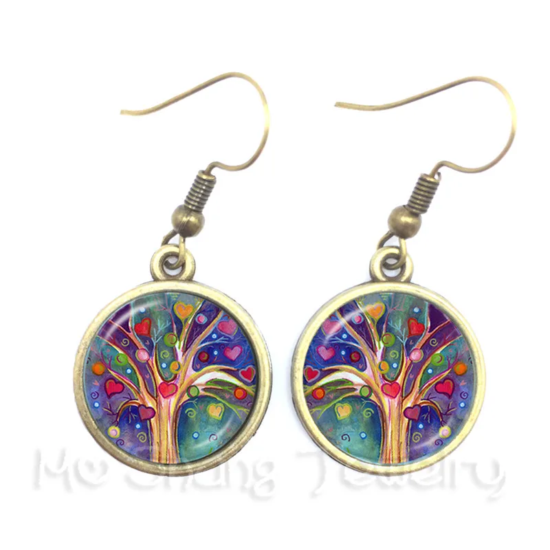 Tree Of Life Pattern Picture Vintage Drop Earrings Time Glass Dome Jewellery Glass Ornaments Gift For Women Girl