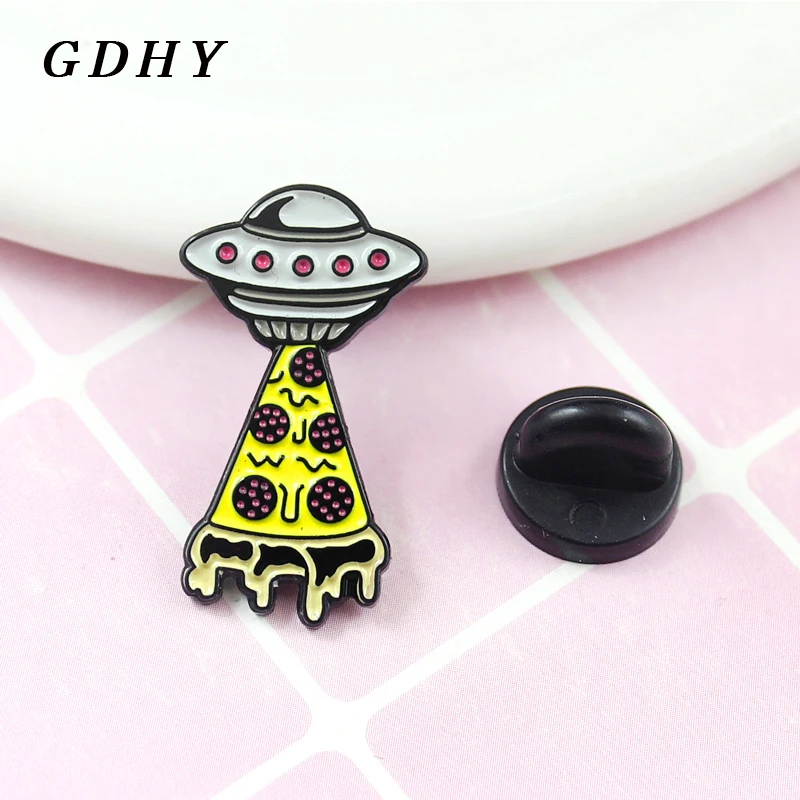 GDHY UFO Space Ship Yellow Pizza Brooch Enamel Pin Mysterious Space Universe Outer Spaceship Lapel Pins  Astronomy Lover Gift