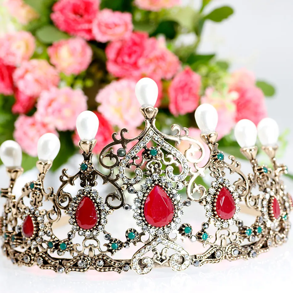 Sunspicems Vintage Turkish Crystal Pearl Tiara Bridal Crown Boehmia Wedding Hair Accessories Party Jewelry Big Headbands