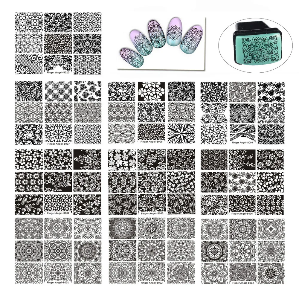 Finger Angel B001-010 10PCS 6*8 Nail  Stamping Plates DIY Nail Template + 1 Set Mini Nail Stamper Transfer Nail Art Tools