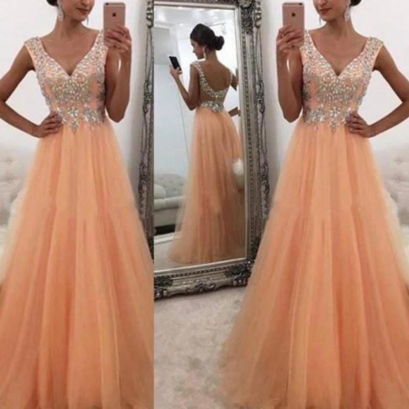 New 2022 Beaded Peach Prom Dresses A Line V Neck Long Formal Holidays Wear Graduation Evening Party Gown Custom Made Plus Size