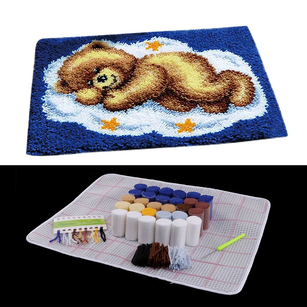 Bear Latch Hook Rug Kits DIY Pillow Mat Rug Making for Kids Adults Beginners 50x40cm