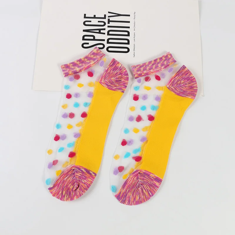 DONG AI fashion cool transparent invisible color dot flower multicolor small dot glass silk female boat socks