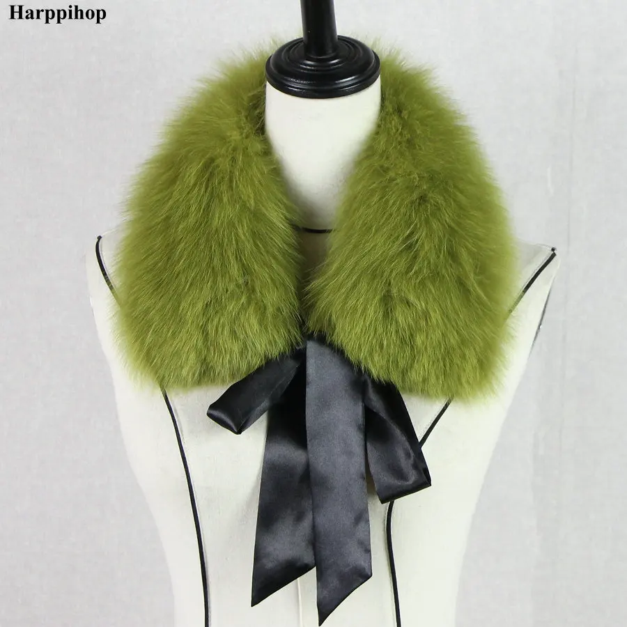 Harppihop*2018 Fashion Fur Scarf Real Raccoon Dog Fur Collars with Ribbon Real Fur Stole for Wool Coats 48CM