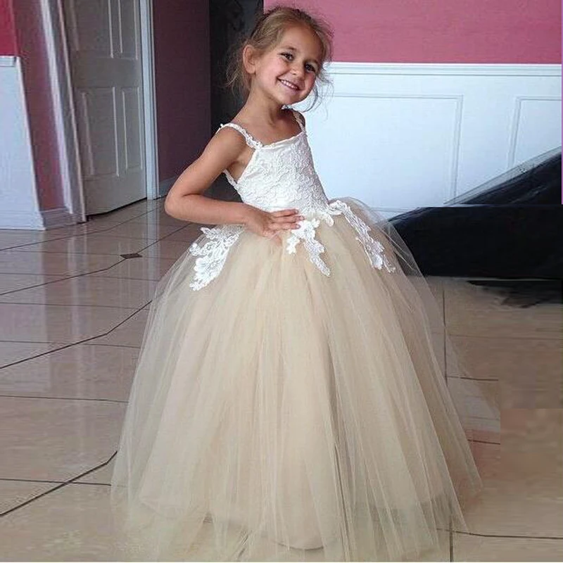 Vestido champán para niñas, Vestidos de encaje de flores de malla, trajes de boda para niños, Vestidos formales de graduación, Vestidos de bebé para niña