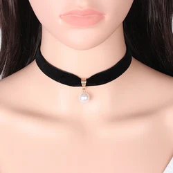 Poputton White Imitation Pearl Bead Choker Chain Necklace For Women Fashion Black Velet Chain Bead Neck Choker Necklaces Jewelry