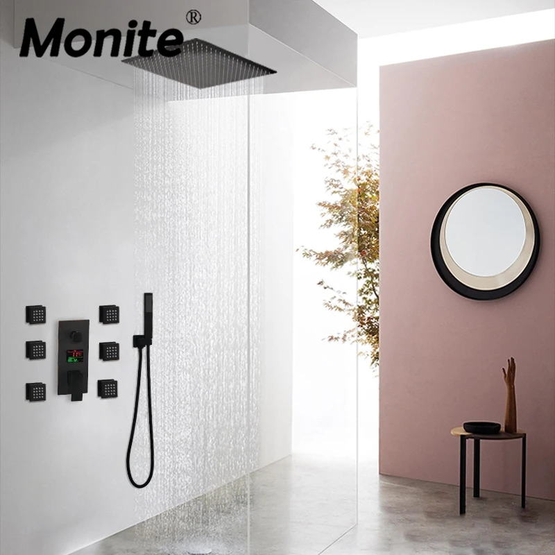 Monite Temperature Display Matte Black Shower Head Message Jets Wall Mount Rainfall Bathroom With Hand Shower Hot Cold Set