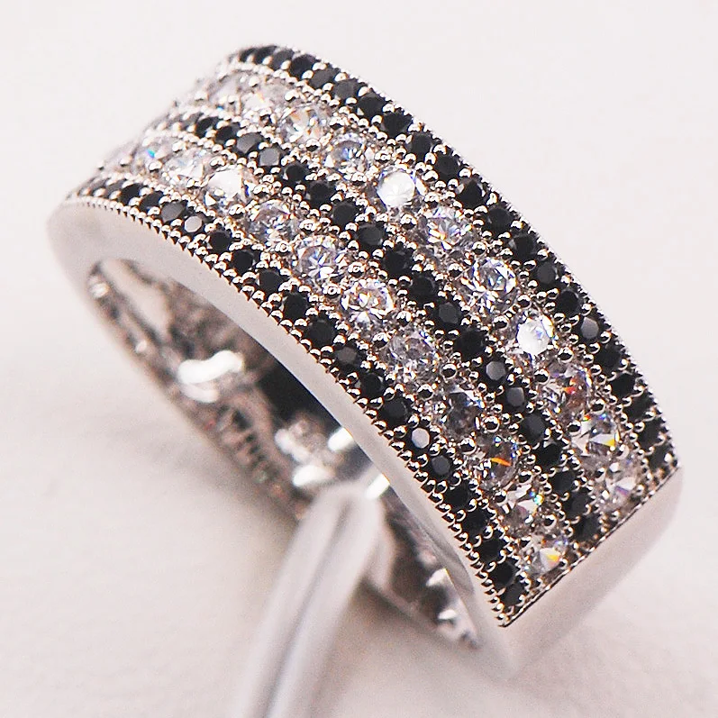 Black White Crystal Zircon 925 Sterling Silver Woman Ring Size 5 6 7 8 9 10 11 12 F586 Wholesale Jewelry Free Shipping