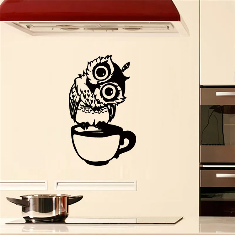 

Cute Cartoon Owl In The Cup Wall stickers Coffee Decorative Decal For Kitchen Dining Room Vinyl Decals For Cafe Bar Home Decor