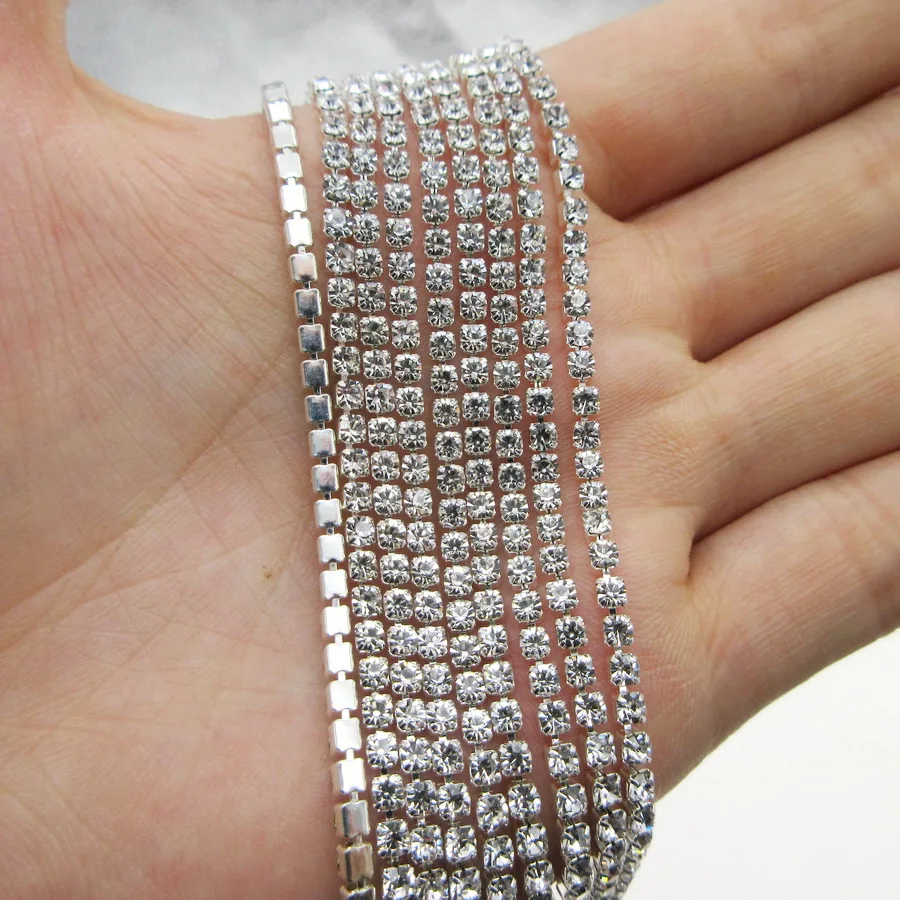 5yards/roll Clear glitter crystal glass 2mm 2.5mm 2.8mm 3mm 4mm Silver Base Close cup rhinestone Chain apparel Sewing ornament