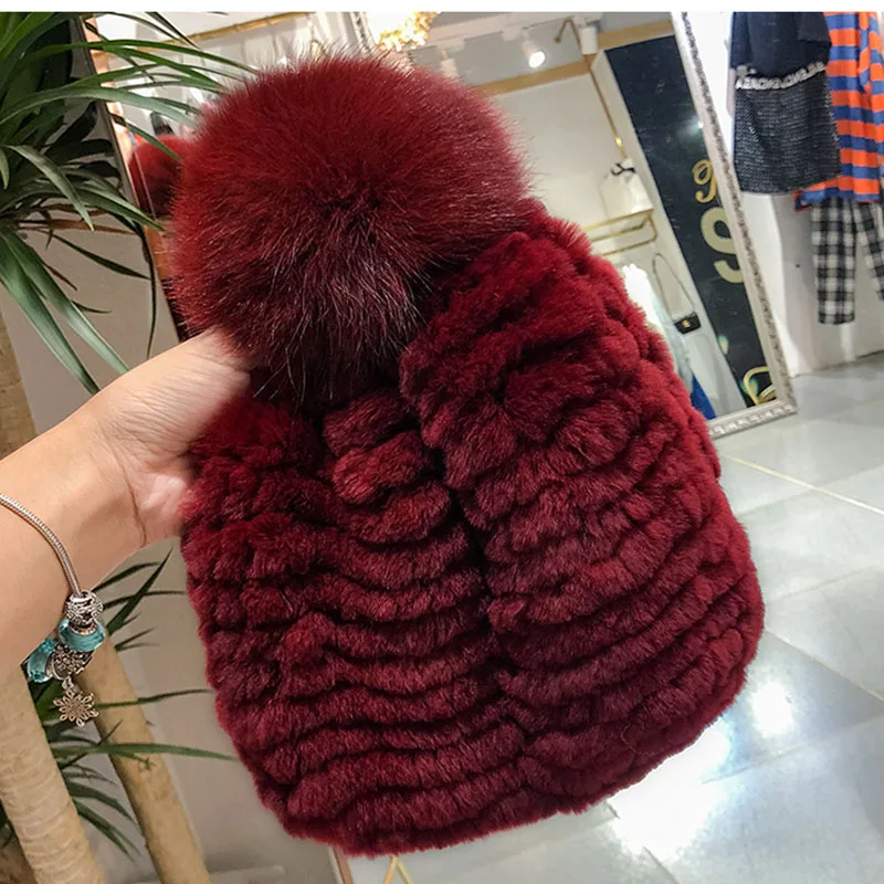 Knitted Real Rex Rabbit Fur Hat Women Genuine Fur Hats With Fox Fur Pompom Ladies Fashion Russia Fur Cap Female Winter Beanie