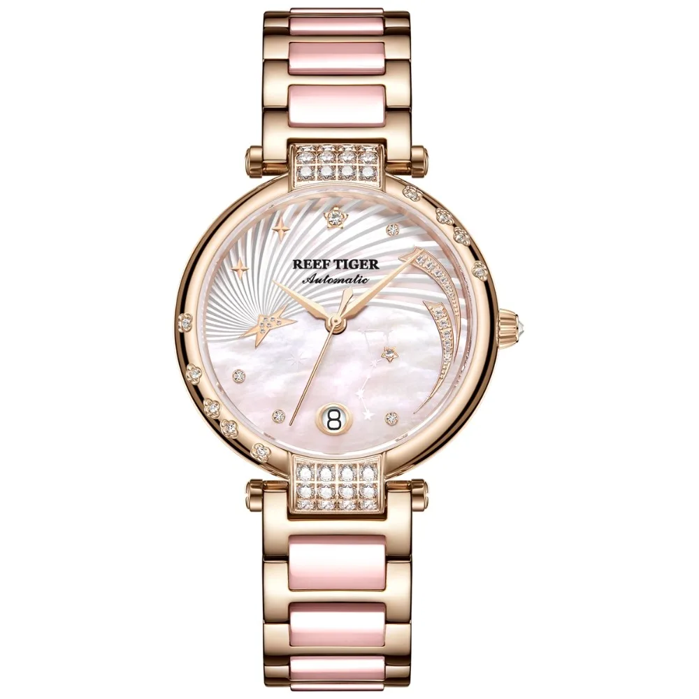 Reef Tiger RGA1592 Women Luxury Dress Sapphire Mirror Lady Business Automatic Meachanical Wrist Watches With Austria Crystal