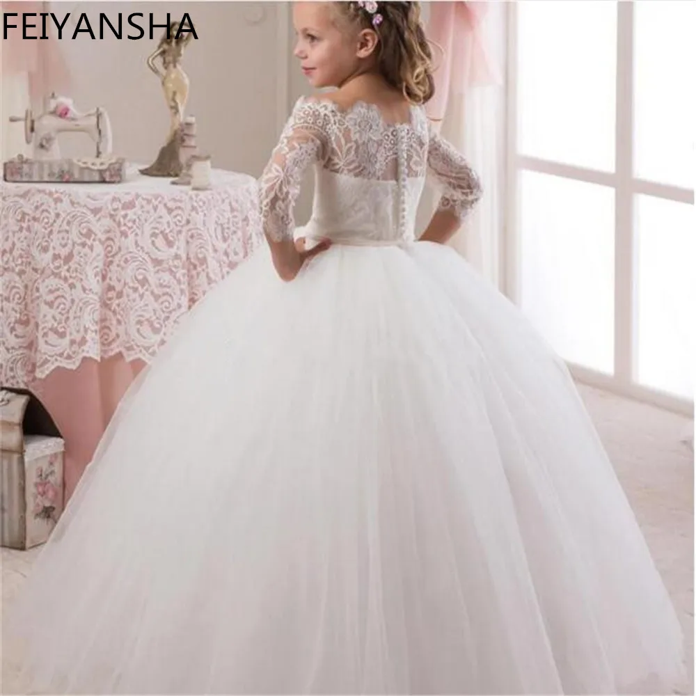 Robes de princesse pour filles, en dentelle, épaules dénudées, blanche, pour mariage, manches longues, robe d'anniversaire, première Communion, 2022