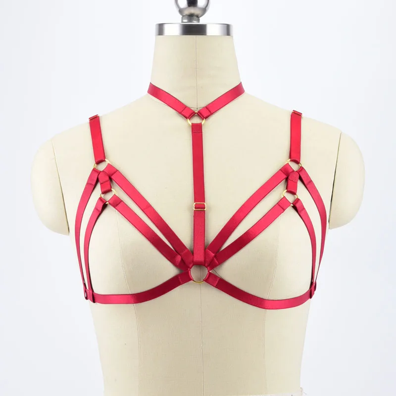 Women red elastic Fetish Body Harness Wear Cage Bra Bondage Lingerie Handmade Cupless Body Harness Goth Crop Top Underwear