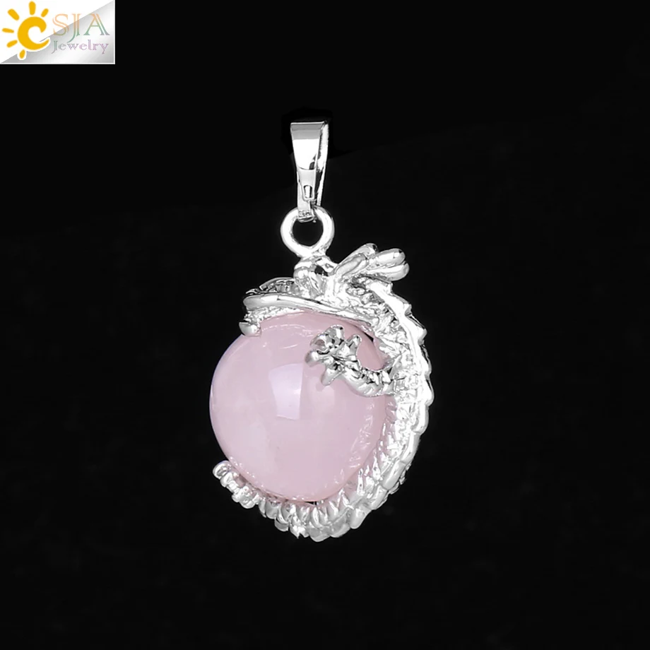 CSJA China Dragon Wrapped Unisex Jewelry Collection Natural Stone Ball Bead Pendant for DIY Handmade Necklaces Pink Crystal E852