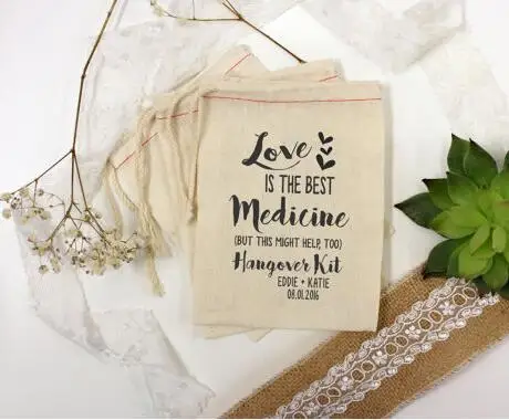 

custom love is the best medicine bridesmaid wedding Bachelorette Hangover recovery Survival Kits party Candy pouches favor bags