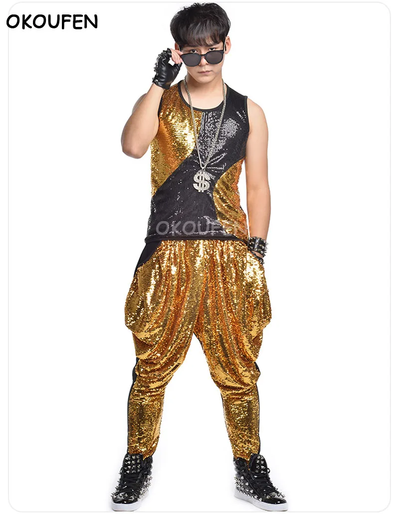 

Personality Gold Tassel Sequin Vest Set Rock Stage Performance Costume Nightclub Male Singer Dancewear