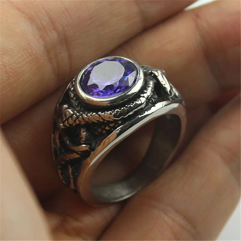 Purple Cz Crystal Gem Snake Fashion Men\'s 316L Stainless Steel Biker Ring Men\'s Jewelry