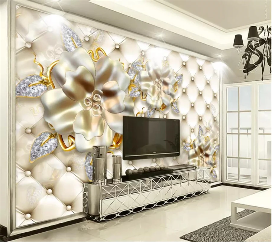 Beibehang papel de parede personalizado 3d foto mural dourado joia flor bolsa macia 3d luxo joias fundo tv papel de parede