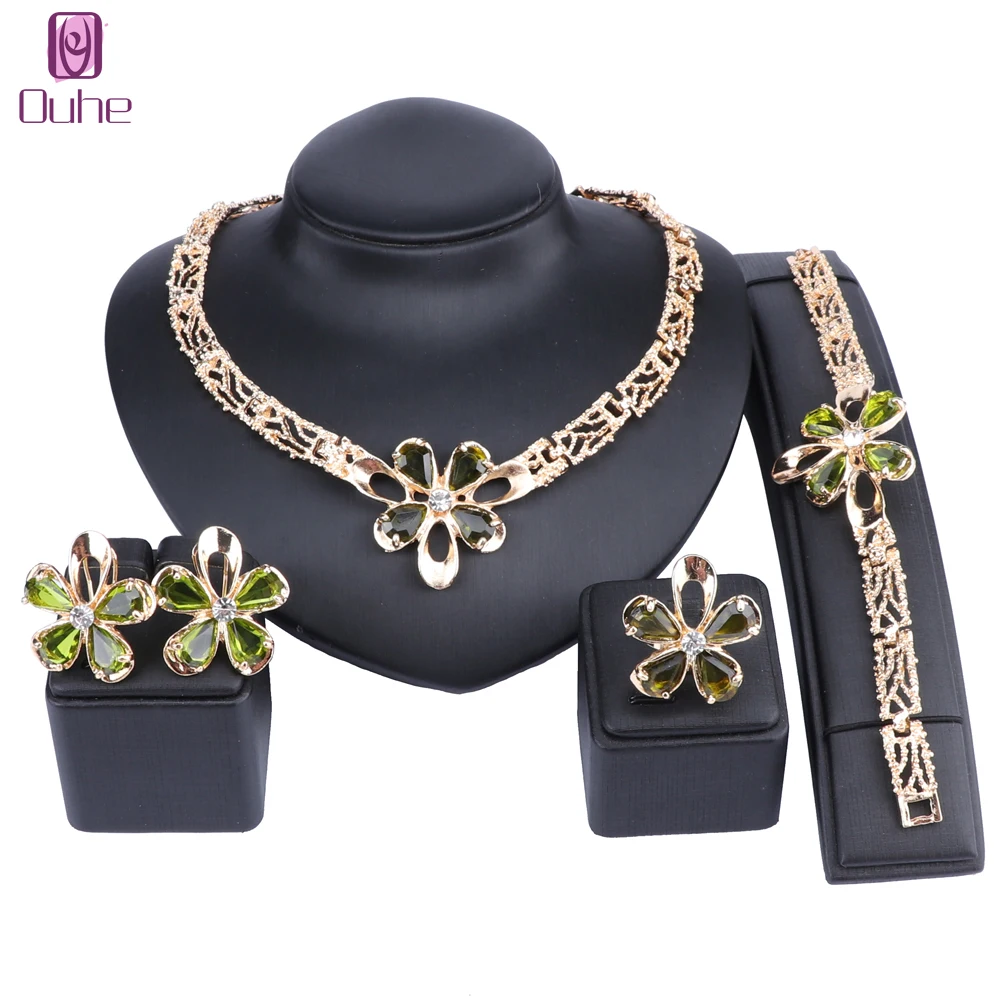 Women\'s Wedding Bridal Bridesmaid Zircon Crystal Statement Necklace Bracelet Ring Earrings Party Costume Jewelry Set