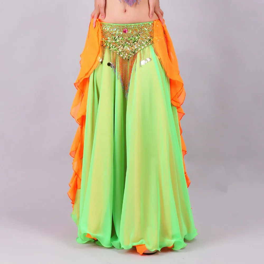 Belly Dance Skirts Women Floor-Length 2 Layer Chiffon Belly Dance Costume Skirt Oriental Costume Skirt Bellydance(Without Belt)