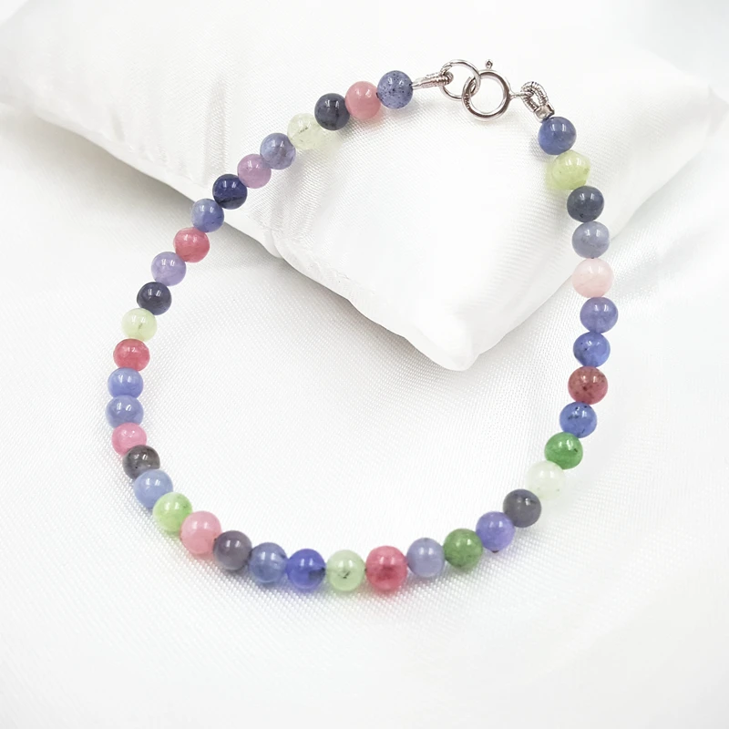 LiiJi Unique Natural Stone Mutil Color Tanzanite Beryl Tourmaline Approx 4mm Round Beads 925 Sterling Silver Bracelet 7\'\'-8\'\'