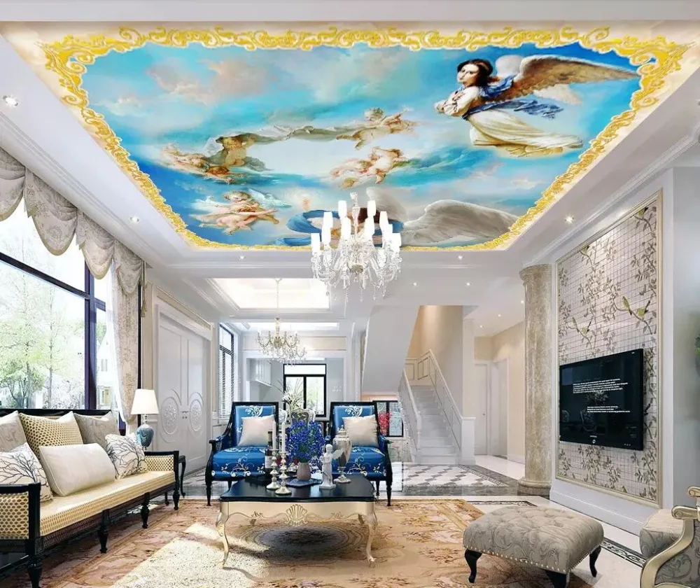 

Custom Photo blue Ceiling Mural Paintings Living Room Ceiling Wallpaper Papel Pintado Pared angel ceilings