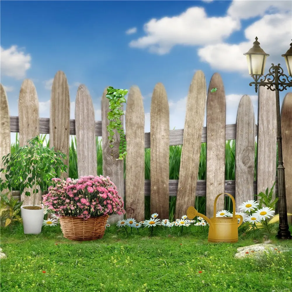 Baby Newborn Photography Backdrops Blue Sky Wooden Fence Green Grassland Garden Flowers Children Spring Scenic Photo Background