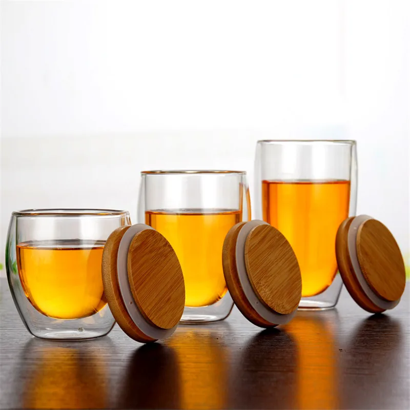 Transparent Double Wall Glass Mug With Bamboo Lid  Resistant Tea Beer Mug Milk Lemon Juice Cup Drinkware Lover Coffee Cups Mug