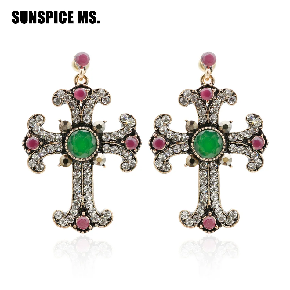 Holy Gorgeous Vintage Cross Dangle Earring Antique Gold Color Women Resin Jewelry For Religious Activities Indian Drop Earrings