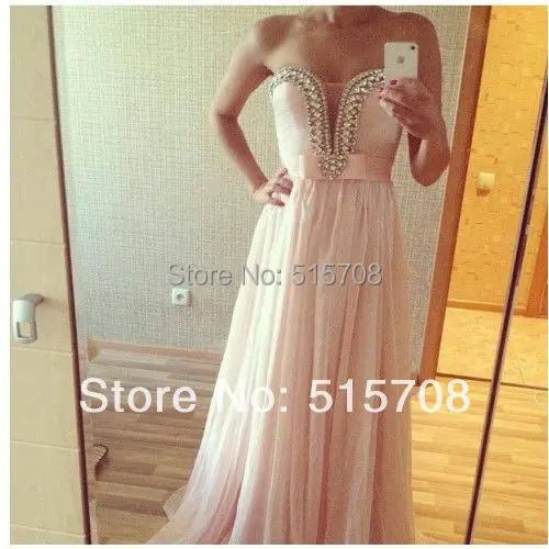 New  Crystal Sweetheart Wedding Party Prom Gowns Pink  Sash Long Chiffon Formal Party Backless Evening Dresses Free Shiping