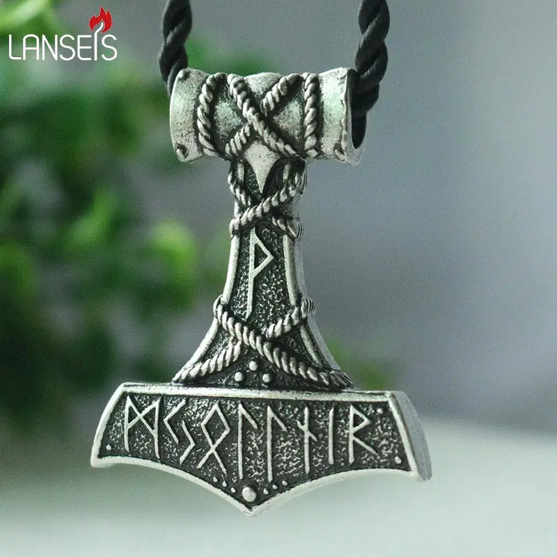 lanseis 1pcs Thor\'s Hammer pendant viking men necklace Huge Thor Mjolnir Amulet Scandinavian Triquetra Deer Skull jewelr