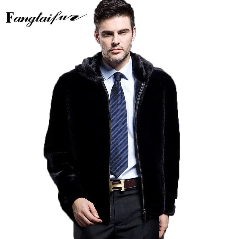 

Ftangaiur Winter Men Jacket Import Velvet Mink Fur Coat With Fur Hood Black Solid Mink Coats Short Smart Causal Real Mink Coats