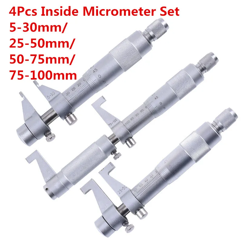 

4Pcs Inside Micrometer Set 5-30mm/25-50mm/50-75mm/75-100mm 0.01mm Metric Carbide Ratchet Screw Gauge Micrometers Measuring Tools