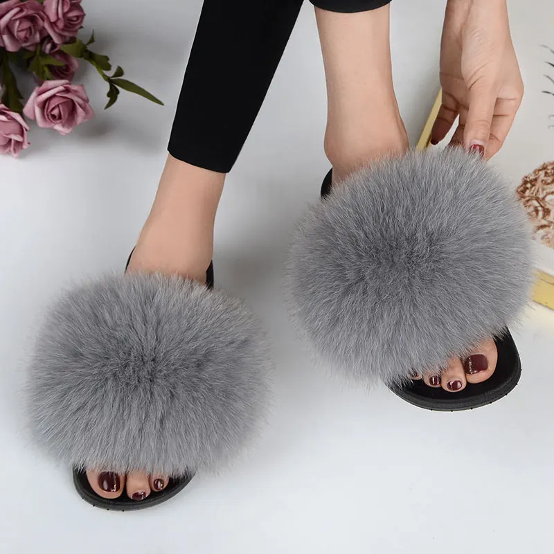 Real Fox Fur Slides Plus Size Summer 2021 Open Toe Fluffy Real Hair Slippers Casual Black Slip On Flip Flops Furry Shoes