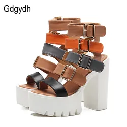 Gdgydh Women Sandals High Heels Summer Fashion Ankle Buckle Strap Female Gladiator Sandals Platform Shoes Block Heels