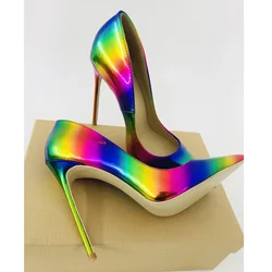 Shinning High Heel Pumps 8cm Rainbow Sexy 12CM So High Shoes Women Evening Dress Heels 10CM Ladies Shoes Stilettos