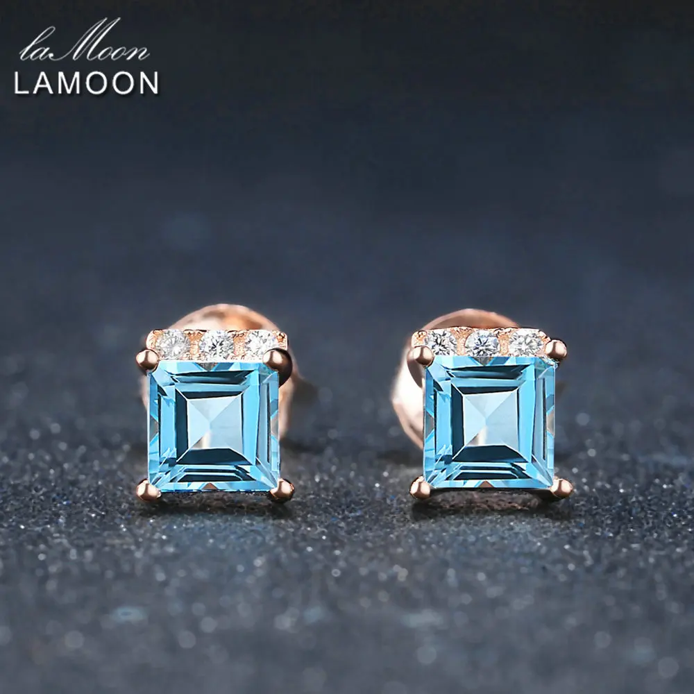 

LAMOON Simple Style 4mm 100% Square Natural Blue Topaz 925 sterling-silver-jewelry Stud Earring S925 LMEI046