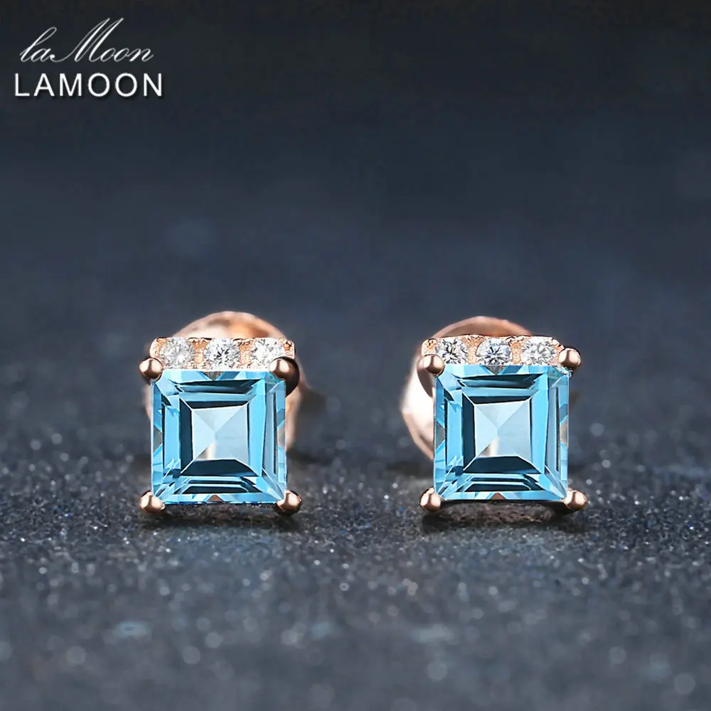 LAMOON Einfache Stil 4mm 100% Quadrat Natürliche Blau Topas 925 sterling-silber-schmuck Stud Ohrring S925 LMEI046