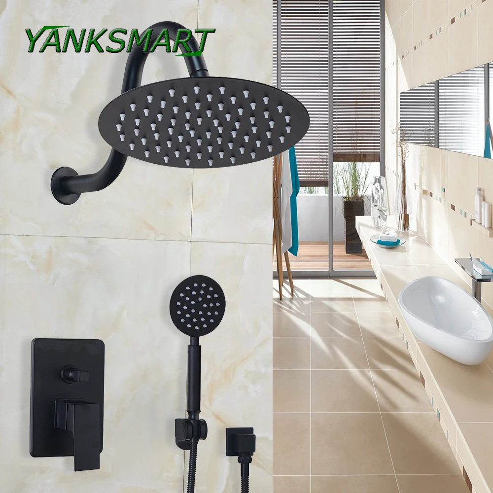 

YANKSMART Black 8 ~ 12 inch Bathroom Rainfall shower faucet Sets Ultra-thin Round Wall Mounted Shower head & hand Shower Sets