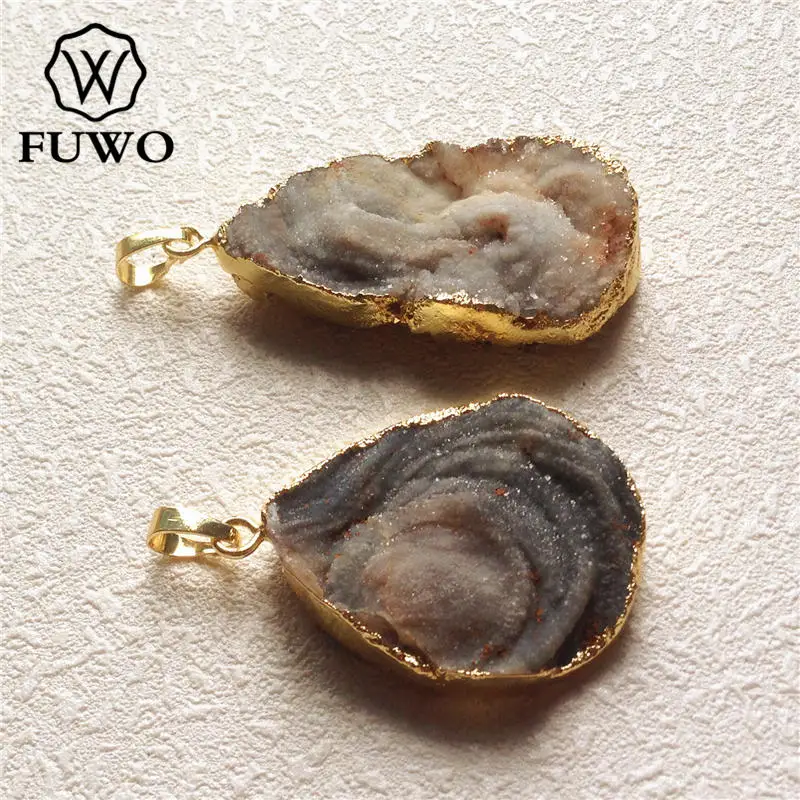 FUWO Wholesale Irregularly Shaped Galaxy Stone Druzy Pendant,Golden Plated Sun Agates Accessories For Necklace Making PD132 5Pcs