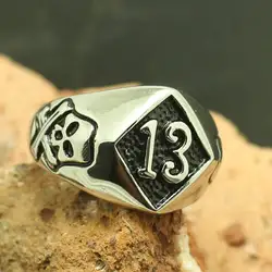 Size 8 to Size 15 Men Boy 316L Stainless Steel Cool Lucky Number 13 Pirate Skull Ring