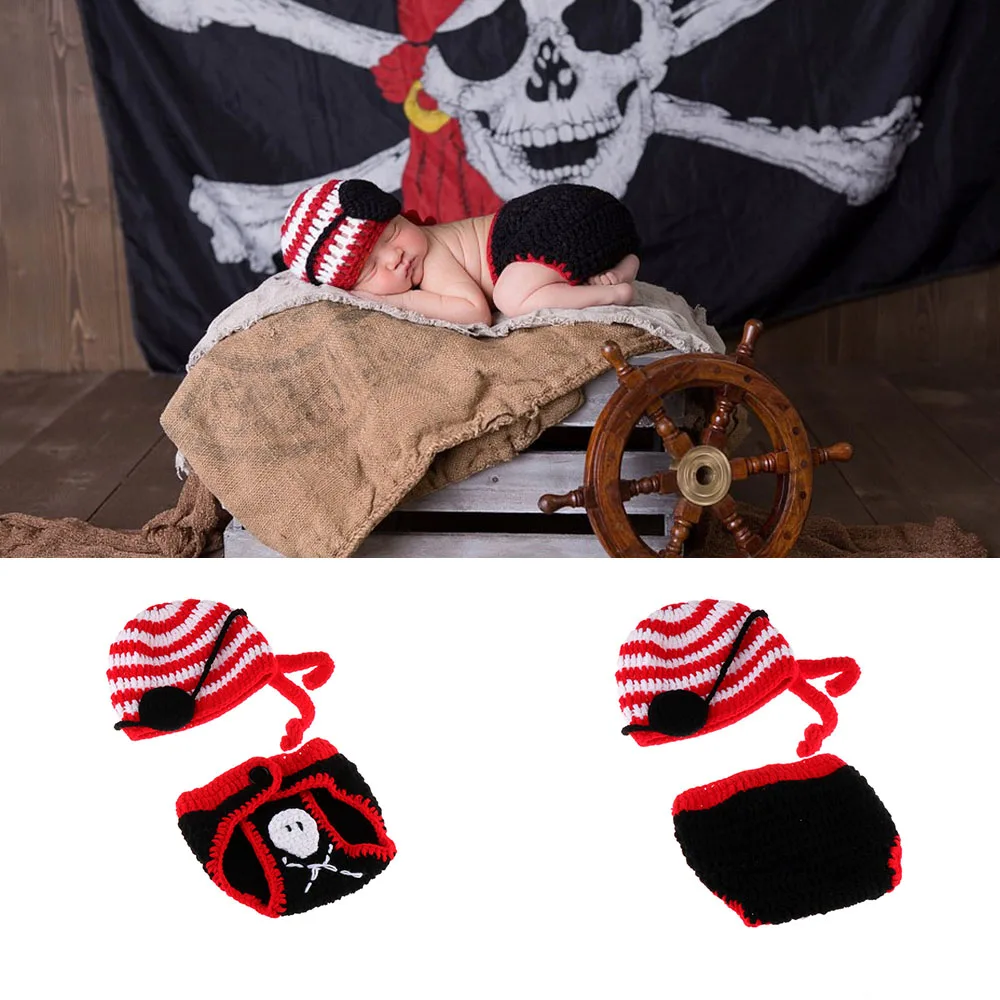 Skull Design Pirate Newborn Baby Crochet Knit Costume Infant Handmade Hat Diaper Cover Kids Birthday Photo Shoot Clothes Outfits