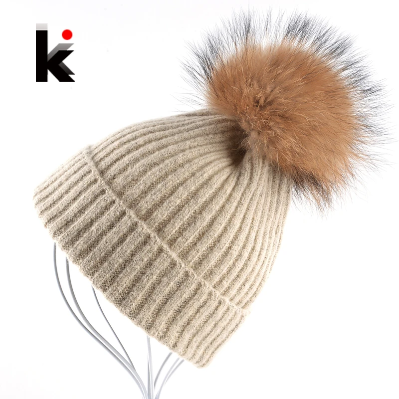 

Women Beanies Raccoon Fur Pom Poms Wool Hat Beanie Knitted Skullies Fashion Caps Ladies Knit Cap Winter Hats For Women Bonnet