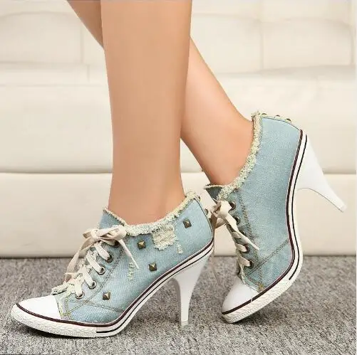 

Fashion boots Women sexy Thin High Heel Lace-Up Rivets Jeans Denim Shoes Fashion Casual Canvas Shoes female Pumps